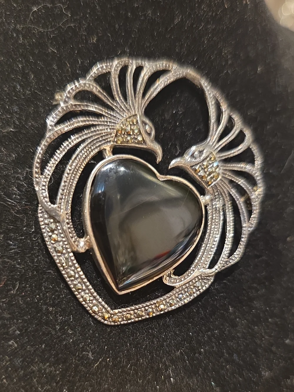 Silver-Tone Heart Brooch with Black Heart Stone